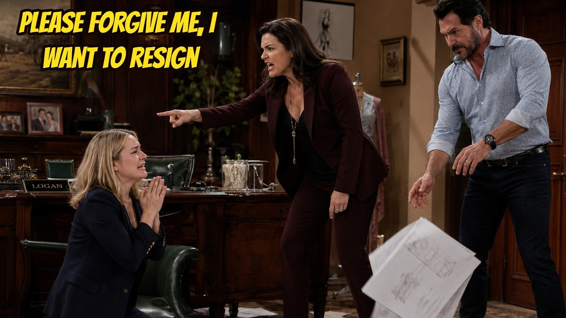Hope cried and knelt, begging Katie to forgive her; Hope wanted to resign The Bold and The Beautiful