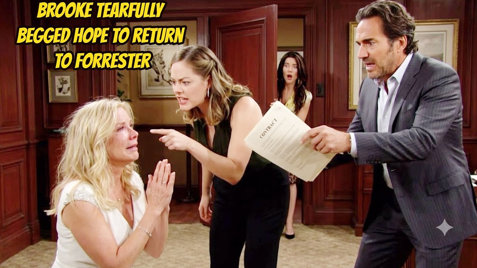 Brooke tearfully begged Hope to return to Forrester, and Ridge promised her an important position